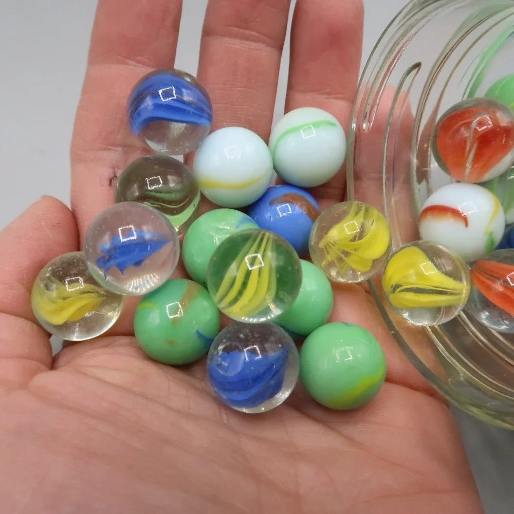 Jar Lot of Vintage Glass Marbles Large and Small Cats Eye Swirl Ribbon